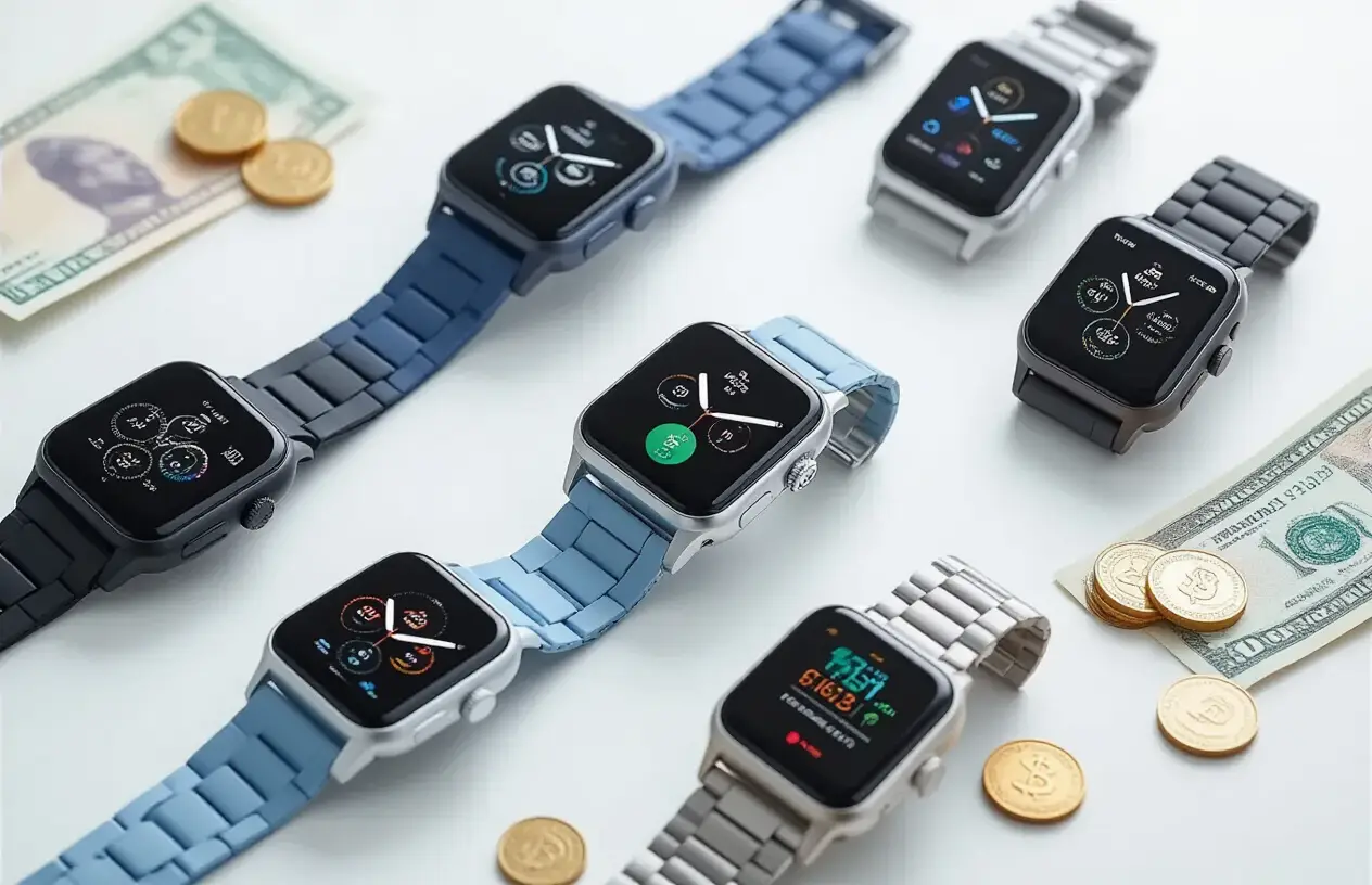 Create a realistic image of a diverse collection of affordable smartwatches elegantly arranged on a clean white surface, featuring various models with different colored bands including black, blue, and silver, displaying vibrant screens showing health metrics and notifications, with Indian rupee coins and notes subtly scattered around the watches, soft natural lighting from above creating gentle shadows, modern minimalist background with a hint of technology aesthetic, conveying value and smart purchasing decisions, absolutely NO text should be in the scene.