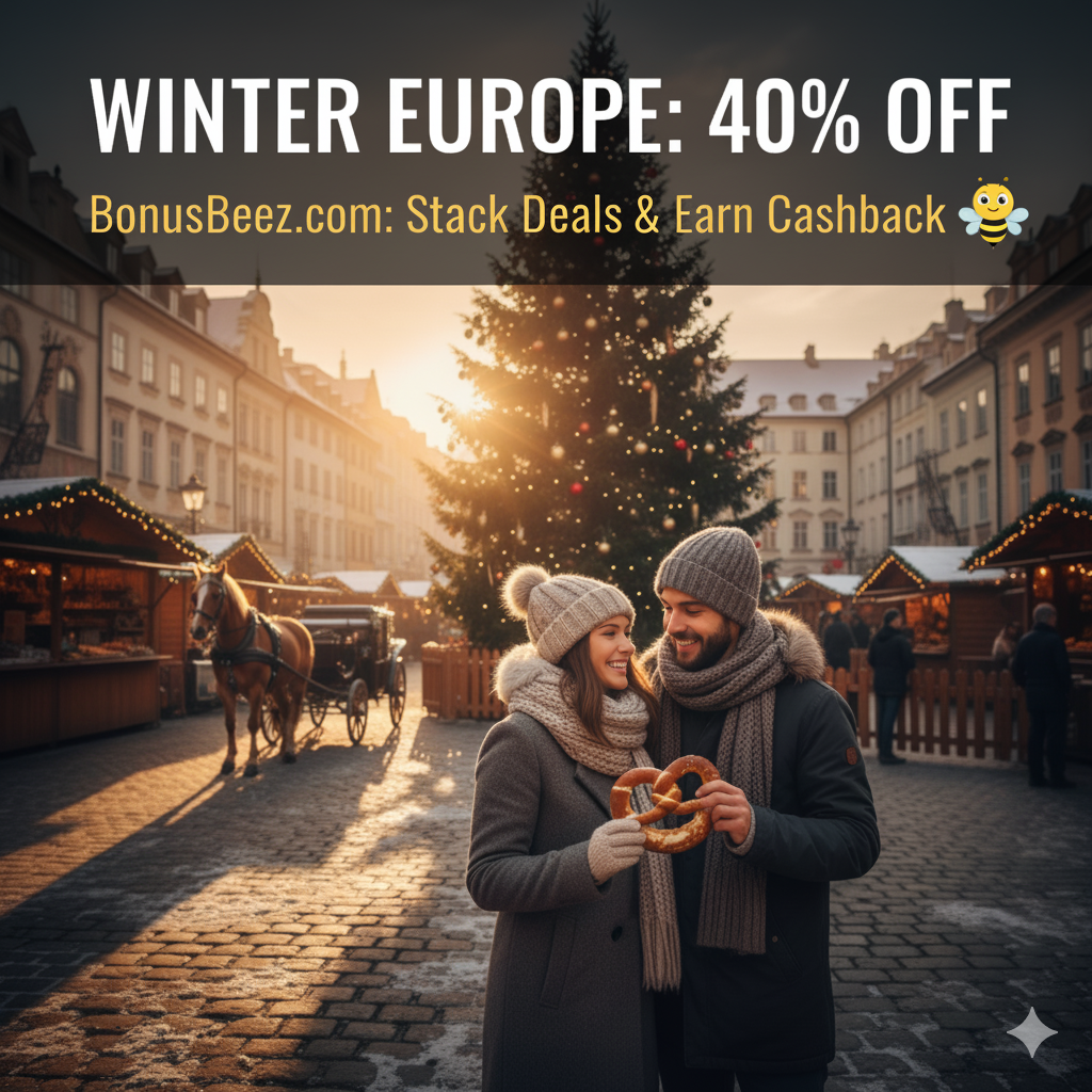 Cozy European winter scene, possibly a Christmas market or snowy city street